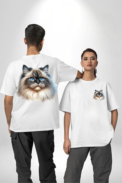Angemiel تي شيرت مطبوع من الأمام والظهر للنساء والرجال باللون الأبيض من Himalayan Cat