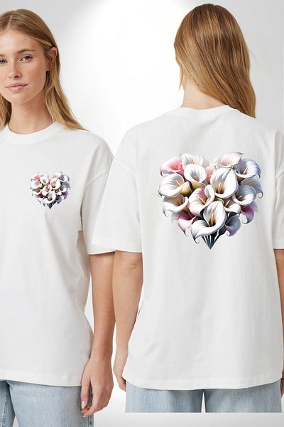 Angemiel تي شيرت Kala Lily Flower Grace of Purity أبيض كبير الحجم للنساء والرجال مطبوع من الأمام والخلف
