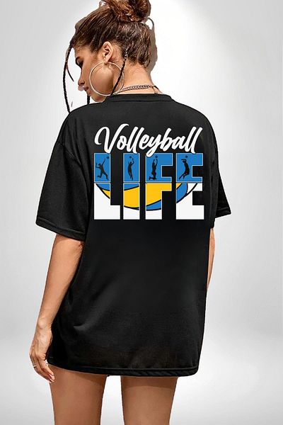 Angemiel My Life Volleyball Black Oversize Women's Men's Front and Back Printed T-Shirt