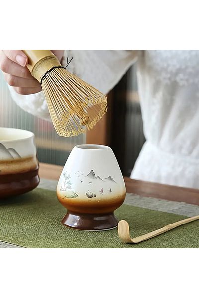 ATACI Set of 4 Matcha Set Bamboo Stirrer Teaspoon Ceramic Apparatus Matcha Stirrer