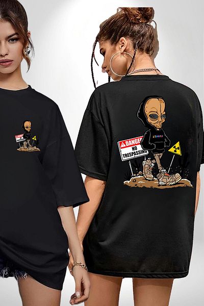 Angemiel Astroworld Alien Alien Radiation Black Oversize Women's Men's Front and Back Printed T-Shirt