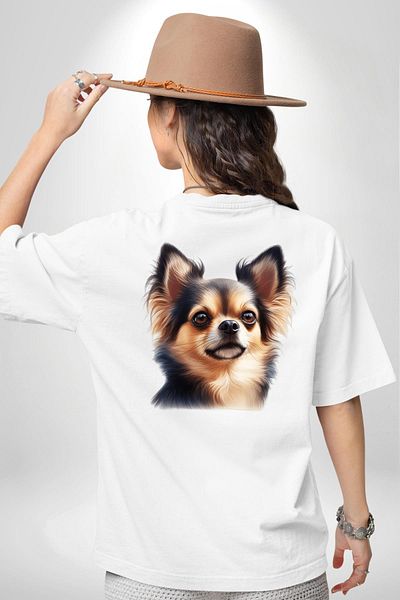 Angemiel Cute Chihuahua Small Breed Dog White Oversize Women Men Front and Back Printed T-Shirt