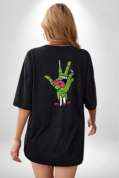 Angemiel Zombie Hand Screaming Hand Black Oversize Women's Men's Front and Back Printed T-Shirt