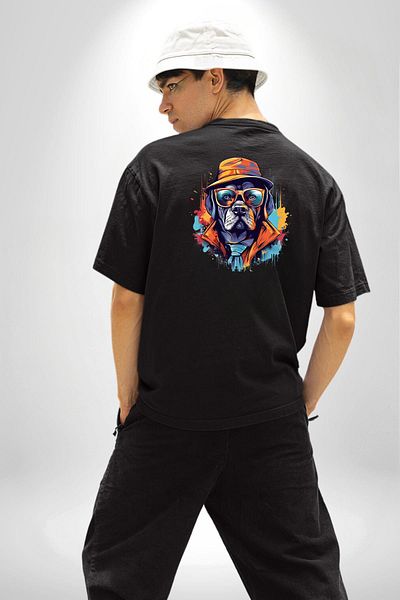 Angemiel Glasses Wearing Boss  Dog Black Oversize Women's Men's Front and Back Printed T-Shirt