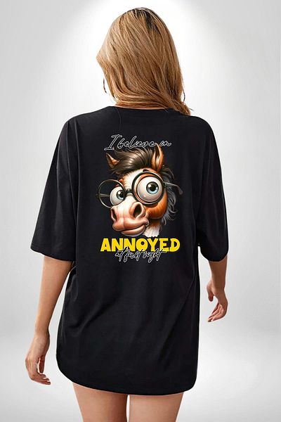 Angemiel Eyeglasses Edgy Horse Comedy Black Oversize Women Men Front and Back Printed T-Shirt