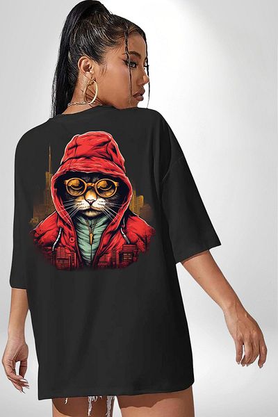 Angemiel Hooded Cat Pattern Black Oversize Women's Men's Front and Back Printed T-Shirt