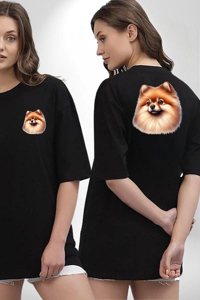 Angemiel Pomeranian Cute Sweet Popular Dog Design Black Oversize Women Men Front and Back Printed T-Shirt
