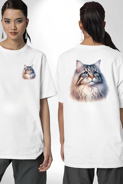 Angemiel Norway Forest Cat Lover White Oversize Women's Men's Front and Back Printed T-Shirt