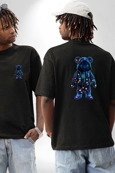 Angemiel Neon Lighted Teddy Bear Adding Color to the Night Black Oversize Women's Men's Front and Back Printed T-Shirt