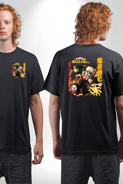 Angemiel Bakugo Katsuki – My Hero Academia Anime Black Oversize Women's Men's Front and Back Printed T-Shirt
