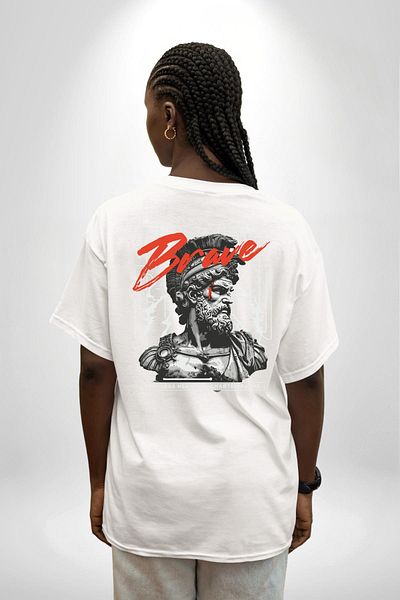 Angemiel تي شيرت Braveheart White Oversize للنساء والرجال مطبوع من الأمام والظهر