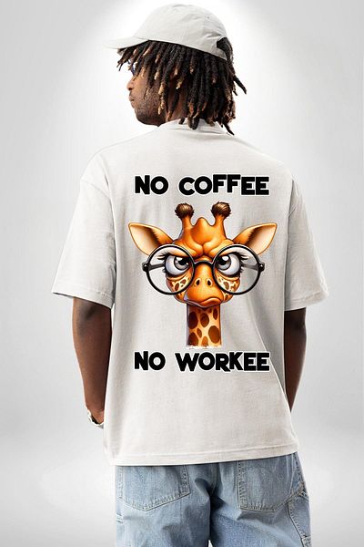 Angemiel تي شيرت I Don't Work Without Coffee Giraffe بتصميم مضحك أبيض كبير الحجم للنساء والرجال مطبوع من الأمام والظهر
