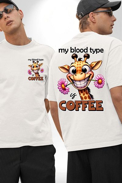 Angemiel Coffee Passion Love Giraffe Flower White Oversize Women's Men's Front and Back Printed T-Shirt