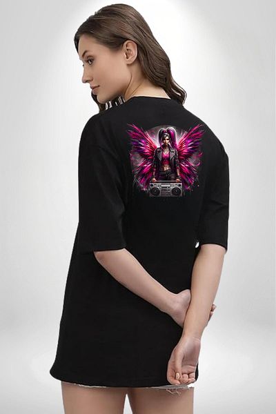 Angemiel Boombox and Bright Wings Design Black Oversize Women Men Front and Back Printed T-Shirt