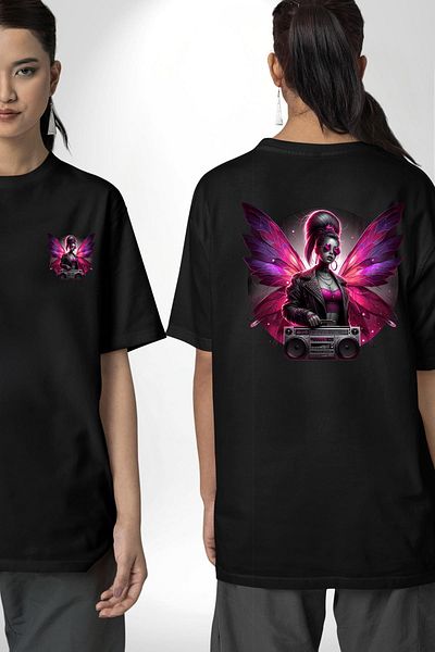 Angemiel Black Oversize Women's Men's Front and Back Printed T-Shirt with Red Fairy Glasses and Music Player