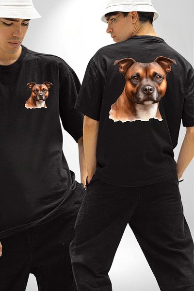 Angemiel Staffordshire Bull Terrier Dog Black Oversize Women's Men's Front and Back Printed T-Shirt