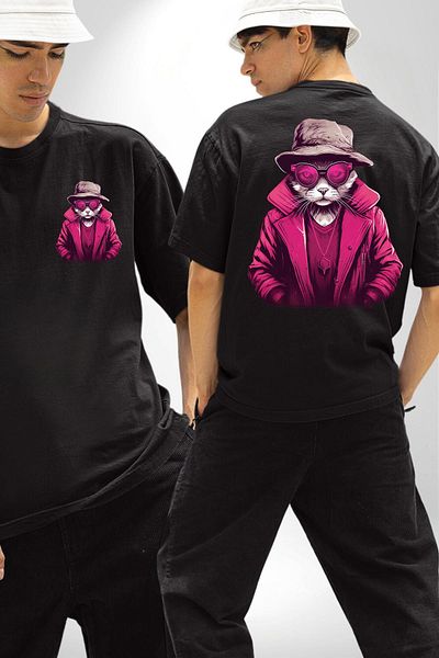 Angemiel Pink Accessory Glasses Cat Black Oversize Women's Men's Front and Back Printed T-Shirt
