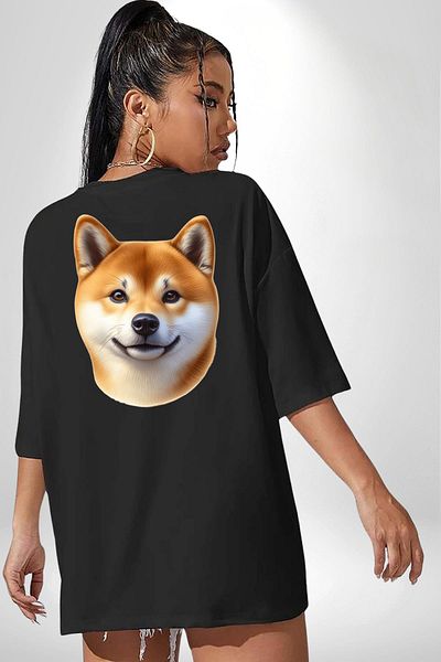 Angemiel Shiba Inu Cute Affection Dog Design Black Oversize Women Men Front and Back Printed T-Shirt