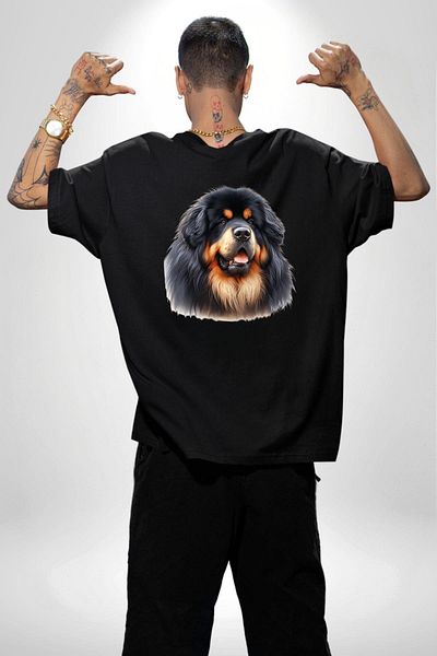Angemiel Tibetan Mastiff Powerful Loyal Dog Black Oversize Women Men Front and Back Printed T-Shirt