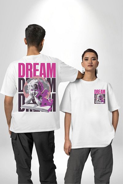 Angemiel تي شيرت Angels' Dream Angel and Dream أبيض كبير الحجم للنساء والرجال مطبوع من الأمام والظهر
