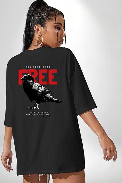 Angemiel Happy Birthday Printed Black Crow Black Oversize Women's Men's Front and Back Printed T-Shirt