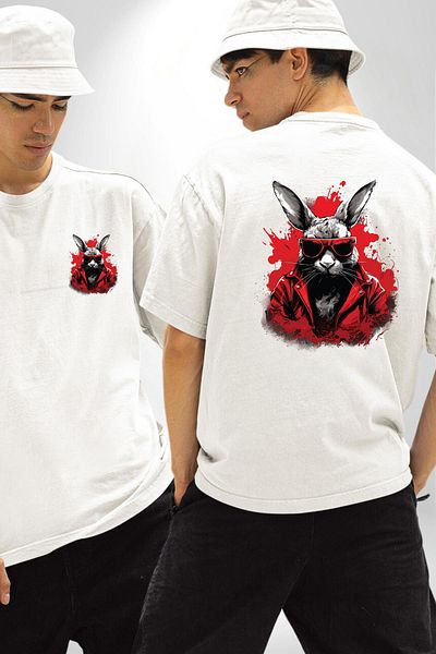 Angemiel تي شيرت مريح وأنيق للنساء والرجال ذو تصميم أمامي وخلفي مطبوع عليه Dark Rabbit White
