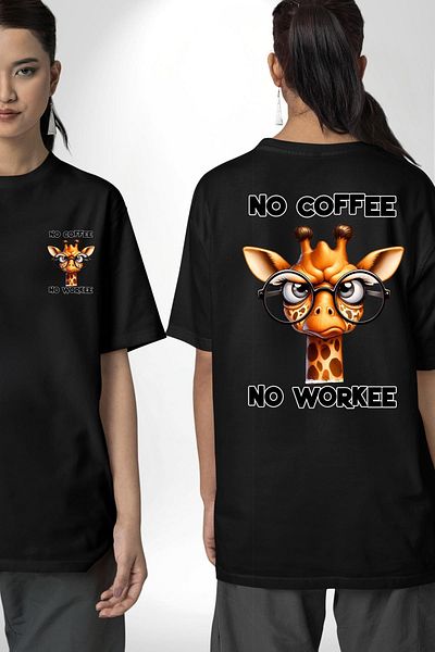 Angemiel No Coffee No Business Written "Fun Coffee Black Oversize Women's Men's Front and Back Printed T-Shirt