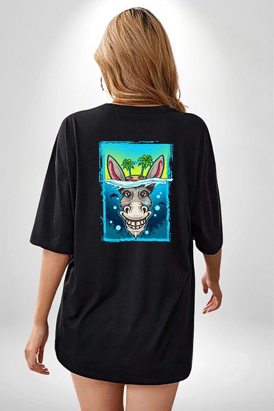 Angemiel Tropical Island Design with Donkey Summer Black Oversize Women's Men's Front and Back Printed T-Shirt