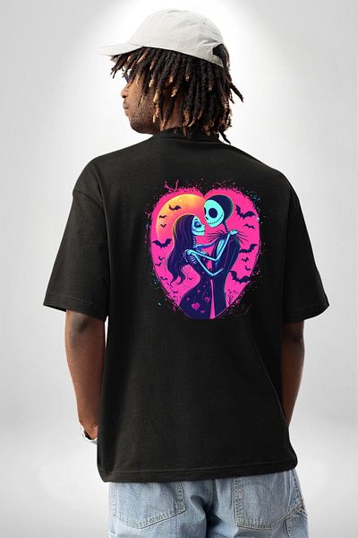 Angemiel Fear and Love Themed Jack & Sally Valentine's Day Black Oversize Women's Men's Front and Back Printed T-Shirt