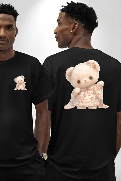 Angemiel Kawaii Style Special Pink Flower Motif Teddy Bear Black Oversize Women's Men's Front and Back Printed T-Shirt