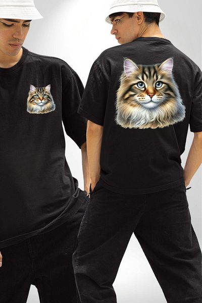 Angemiel Siberian Cat Design Black Oversize Women's Men's Front and Back Printed T-Shirt