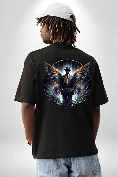Angemiel Black Suit Winged Man Design Black Oversize Women Men Front and Back Printed T-Shirt