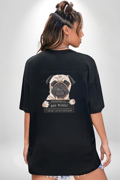 Angemiel Guilty Pug Bad Dog Guilty Face Black Oversize Women Men Front and Back Printed T-Shirt