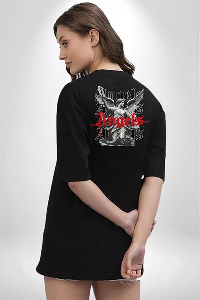 Angemiel Holy Power Legendary Angels Strong Black Oversize Women Men Front and Back Printed T-Shirt