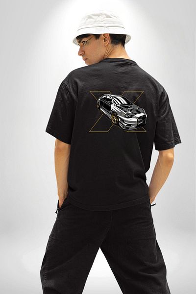 Angemiel High Performance Sports Sedan Themed Black Oversize Women's Men's Front and Back Printed T-Shirt
