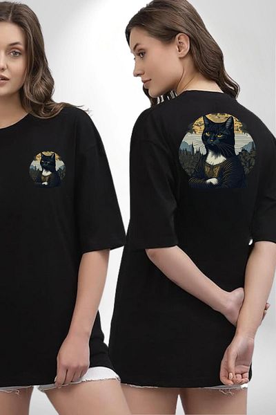 Angemiel Mona Lisa Imitation Cat Design Black Oversize Women's Men's Front and Back Printed T-Shirt