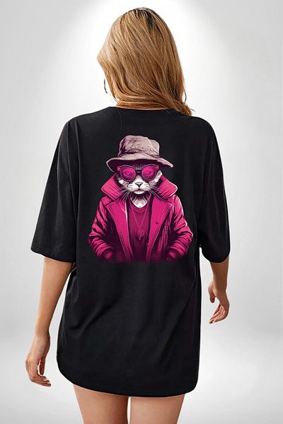 Angemiel Pink Accessory Glasses Cat Black Oversize Women's Men's Front and Back Printed T-Shirt
