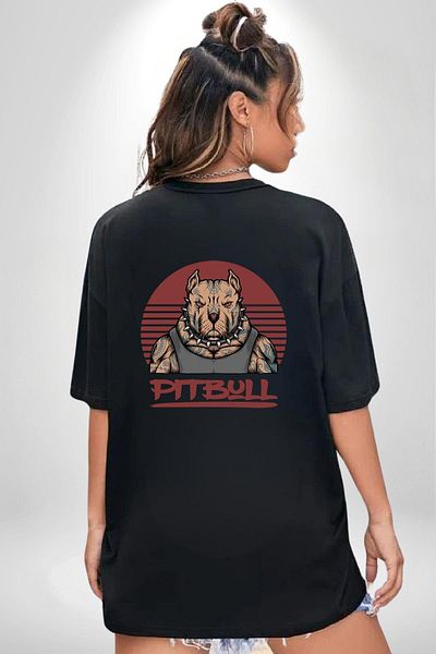 Angemiel Pitbull Printed Strong and Creative Graphic Design Black Oversize Women Men Front and Back Printed T-Shirt