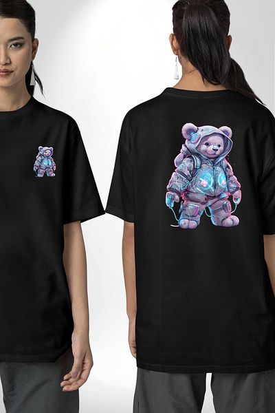Angemiel Digital Dreamer Teddy Bear Futuristic Black Oversize Women's Men's Front and Back Printed T-Shirt