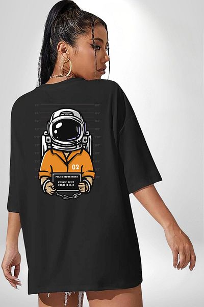 Angemiel Space Police Astronaut Black Oversize Women's Men's Front and Back Printed T-Shirt