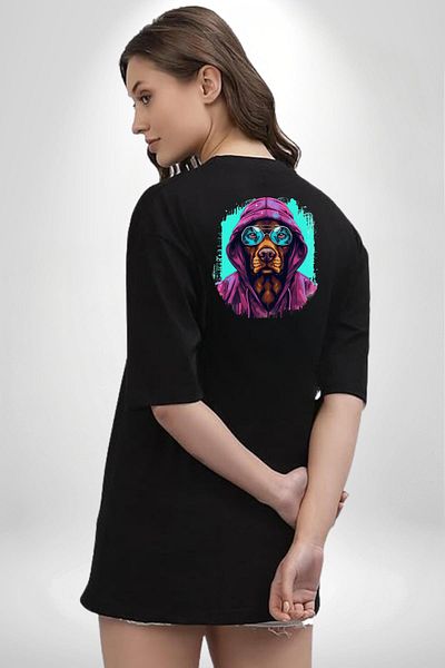 Angemiel Charismatic Dark Style Dog with Blue Glasses Black Oversize Women's Men's Front and Back Printed T-Shirt