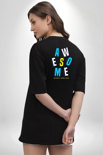 Angemiel Awesome Printed Energetic and Colorful Graphic Design Black Oversize Women Men Front and Back Printed T-Shirt