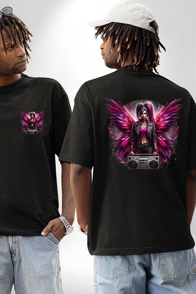 Angemiel Boombox and Bright Wings Design Black Oversize Women Men Front and Back Printed T-Shirt