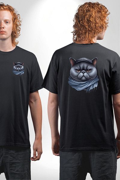 Angemiel Cat of the City Hat Shawl Serious Look Black Oversize Women Men Front and Back Printed T-Shirt