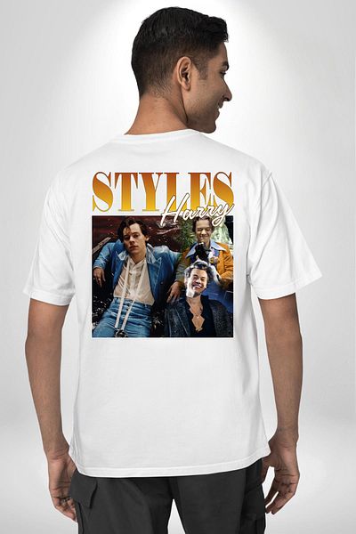 Angemiel تي شيرت Harry Styles Fashion Popular Singer أبيض كبير الحجم للنساء والرجال مطبوع من الأمام والظهر