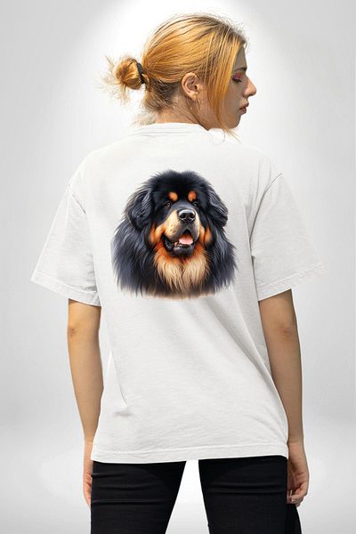 Angemiel Tibetan Mastiff Powerful Loyal Dog White Oversize Women Men Front and Back Printed T-Shirt