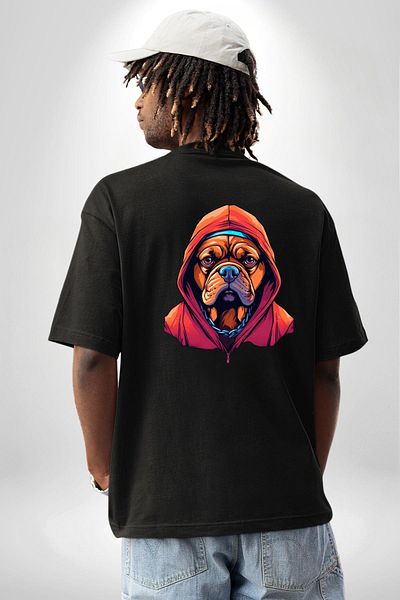 Angemiel Cool  Chain Hooded Dog Black Oversize Women's Men's Front and Back Printed T-Shirt
