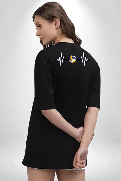 Angemiel Volleyball Heartbeat Excitement Black Oversize Women's Men's Front and Back Printed T-Shirt