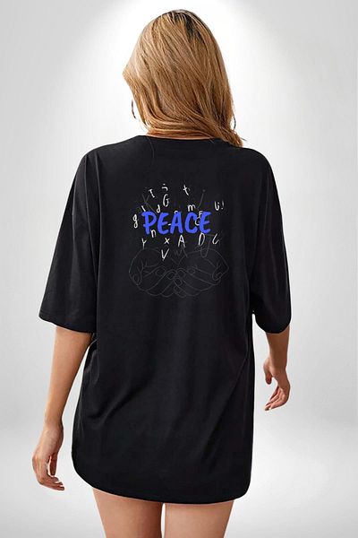 Angemiel Peace Themed Letters and Hand Illustration Black Oversize Women's Men's Front and Back Printed T-Shirt