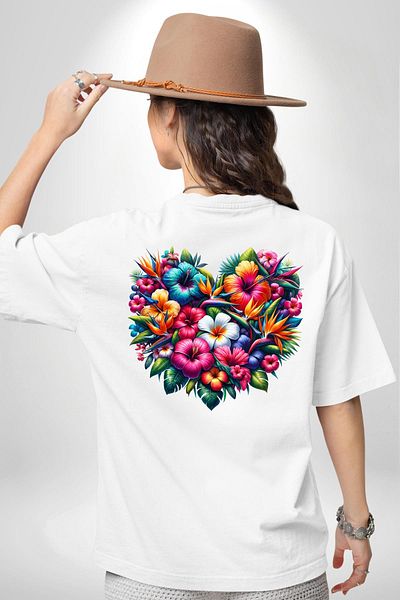 Angemiel تي شيرت Hibiscus Bird of Paradise Plumeria Flower Tropical أبيض كبير الحجم للنساء والرجال مطبوع من الأمام والظهر